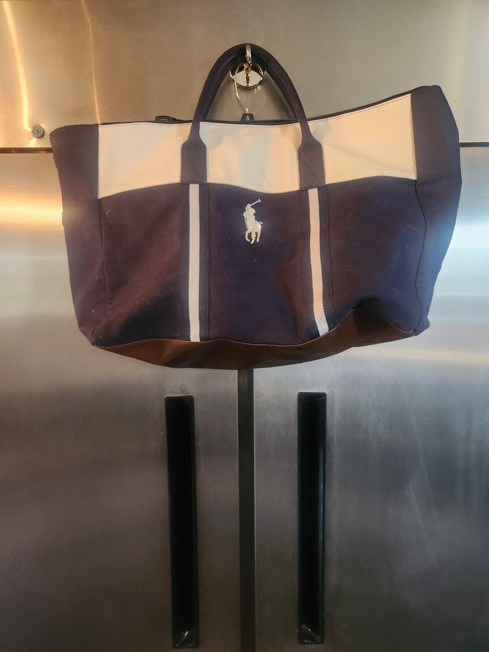 Polo Ralph Lauren Navy Canvas Tote Duffel Bag Leather Trim